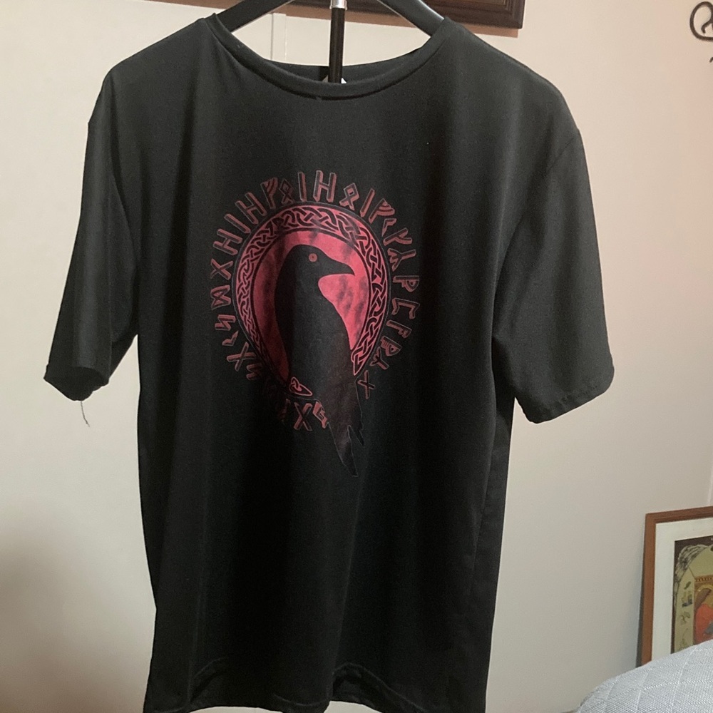Raven Black T-Shirt with Red Nordic Design
